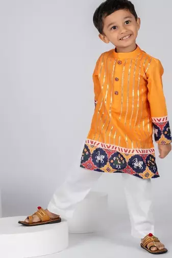 Yellow embroidered cotton kurta pajama
