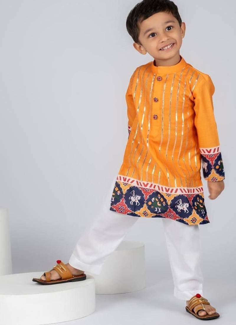 Yellow embroidered cotton kurta pajama