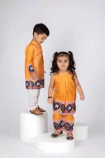 Yellow embroidered cotton kurta pajama
