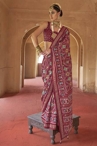 Maroon silk blend patola design saree