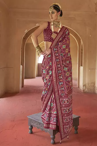 Maroon silk blend patola design saree