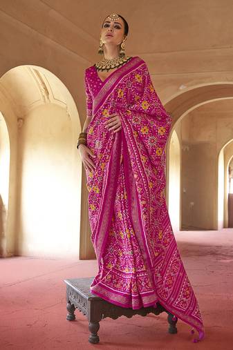 Rani pink silk blend patola design saree