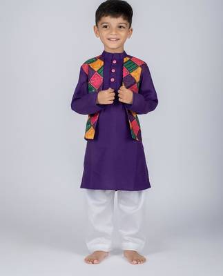 Purple embroidered cotton kurta pajama nehru jacket 1