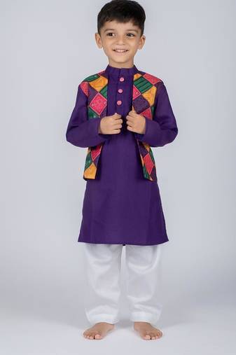 Purple embroidered cotton kurta pajama nehru jacket