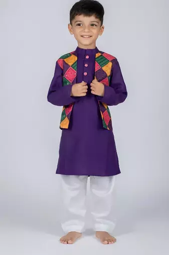 Purple embroidered cotton kurta pajama nehru jacket