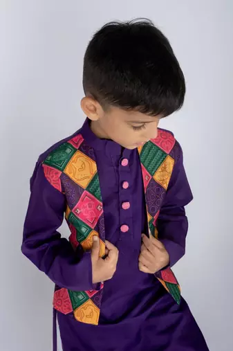 Purple embroidered cotton kurta pajama nehru jacket