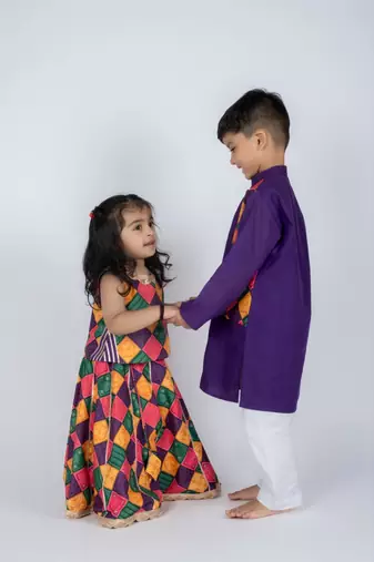 Purple embroidered cotton kurta pajama nehru jacket