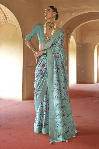 Turquoise silk blend patola design saree