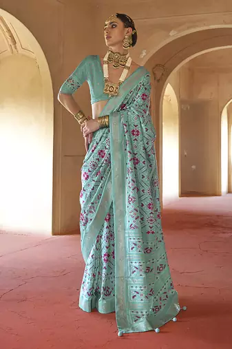 Turquoise silk blend patola design saree