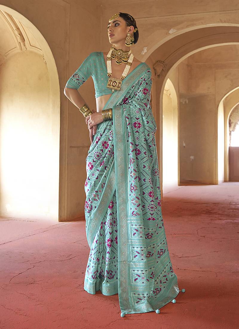 Turquoise silk blend patola design saree