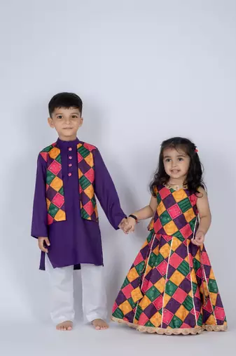 Purple embroidered cotton kurta pajama nehru jacket