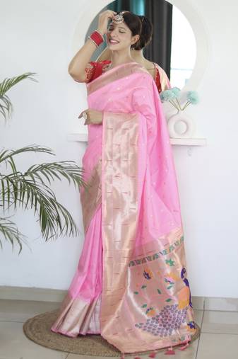 baby pink paithani silk blend zari motifs saree with contrast blouse