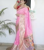 baby pink paithani silk blend zari motifs saree with contrast blouse