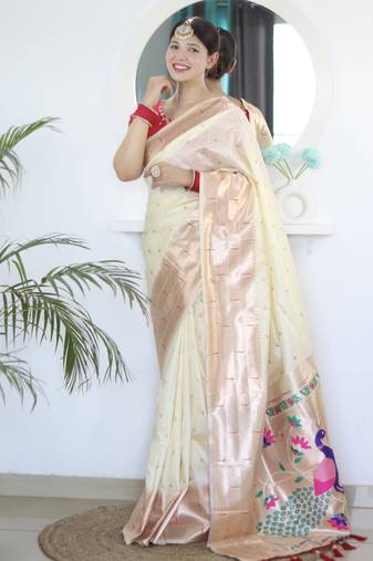 cream paithani silk blend zari motifs saree with contrast blouse