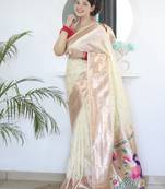 cream paithani silk blend zari motifs saree with contrast blouse