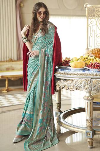Turquoise fancy foil print work georgette saree