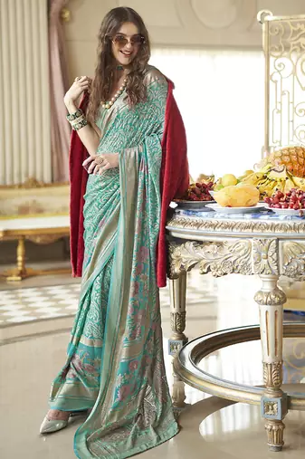 Turquoise fancy foil print work georgette saree