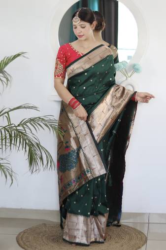 dark green paithani silk blend zari motifs saree with contrast blouse