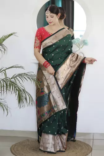 dark green paithani silk blend zari motifs saree with contrast blouse