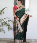 dark green paithani silk blend zari motifs saree with contrast blouse