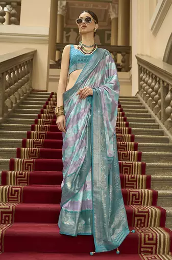 Multi color satin weaving print saree