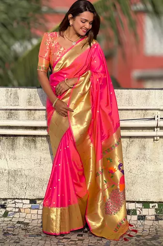 pink paithani silk blend zari motifs saree with contrast blouse