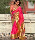 pink paithani silk blend zari motifs saree with contrast blouse