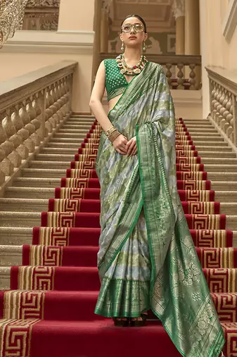 Green satin weaving print saree