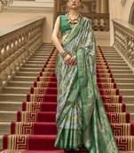 Green satin weaving print saree