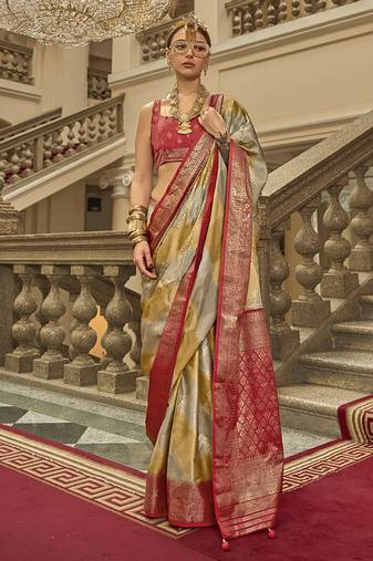 Multi color satin weaving print saree