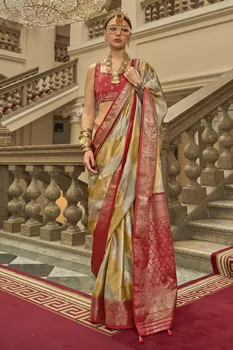 Multi color satin weaving print saree