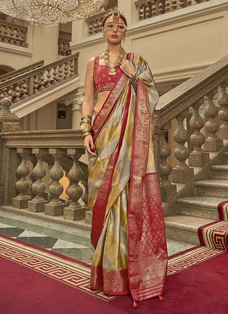 Multi color satin weaving print saree