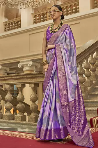 Lavender satin weaving print saree