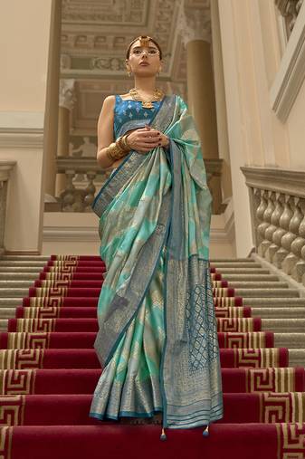 Turquoise satin weaving print saree