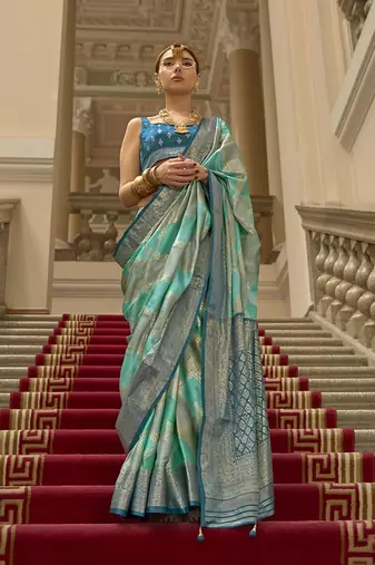 Turquoise satin weaving print saree