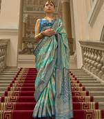 Turquoise satin weaving print saree