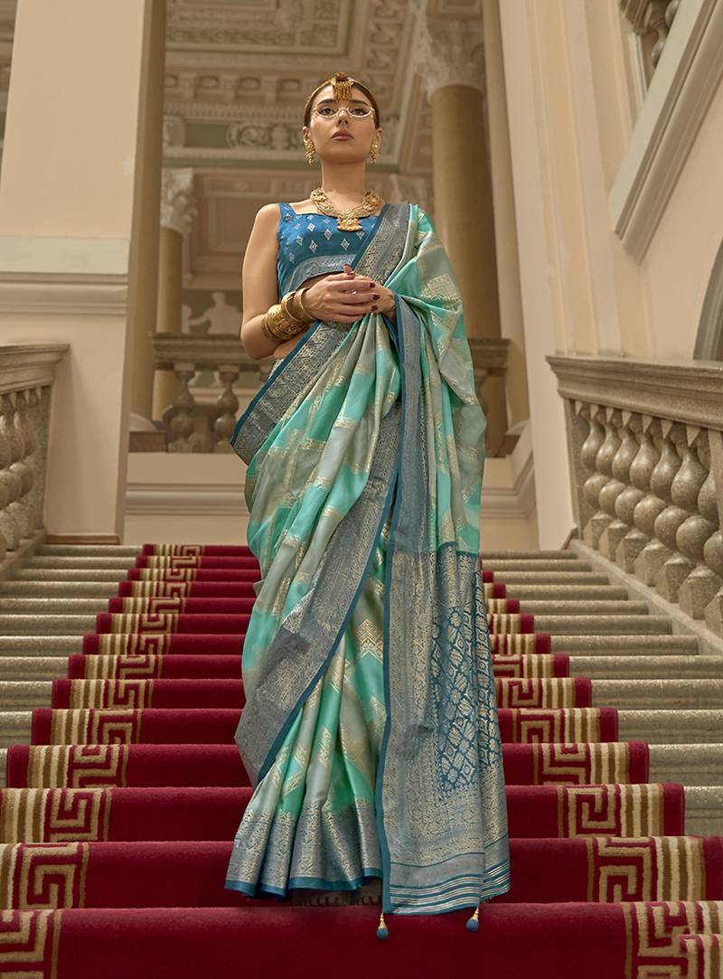 Turquoise satin weaving print saree