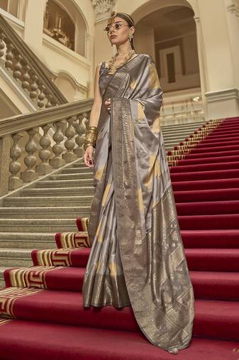 Grey satin weaving print saree
