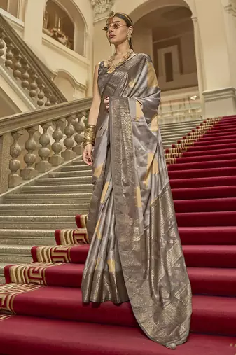 Grey satin weaving print saree