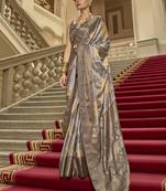 Grey satin weaving print saree