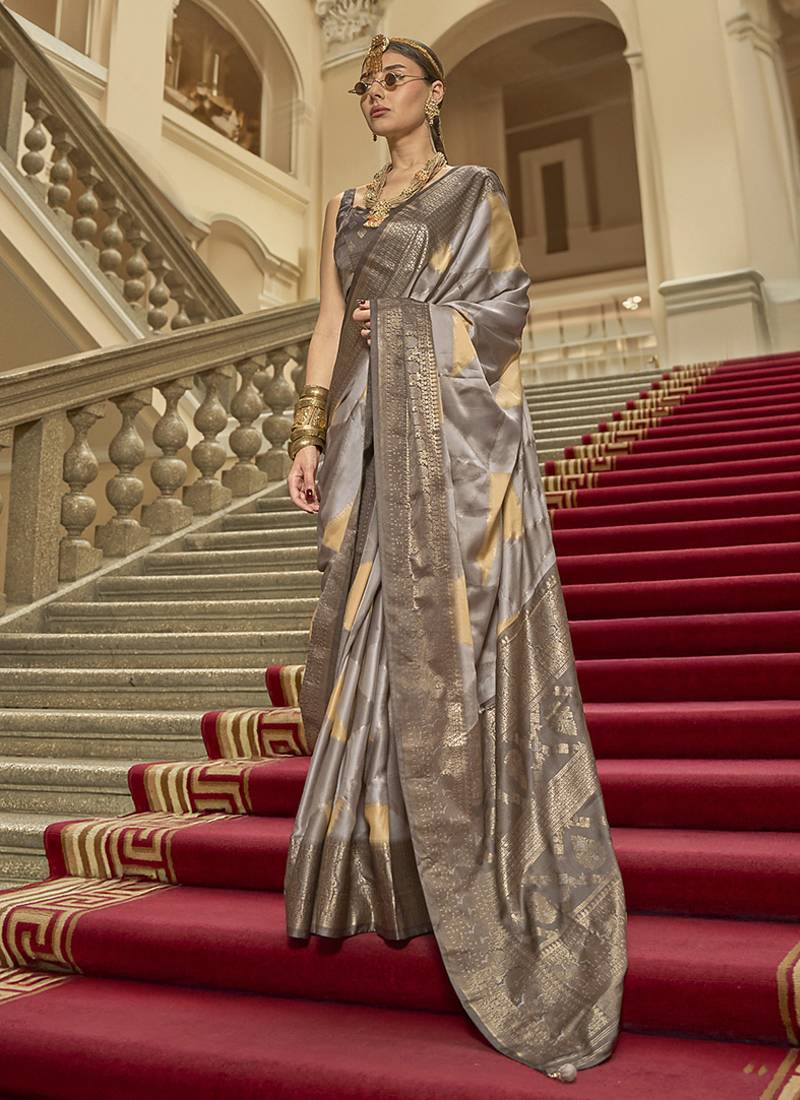 Grey satin weaving print saree