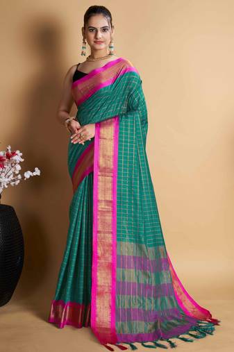turquoise silk blend saree with striking pallu & blouse