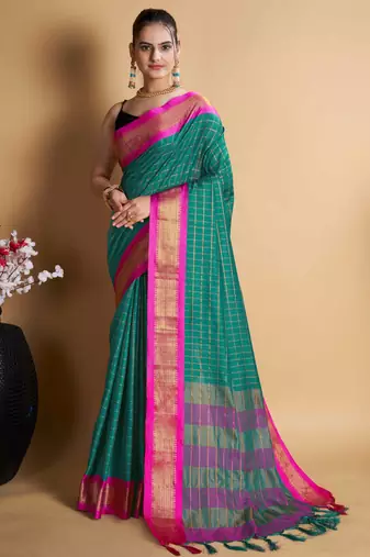 turquoise silk blend saree with striking pallu & blouse