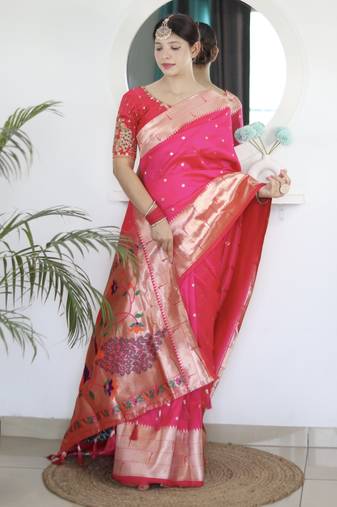 rani pink paithani silk blend zari motifs saree with contrast blouse