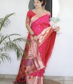 rani pink paithani silk blend zari motifs saree with contrast blouse