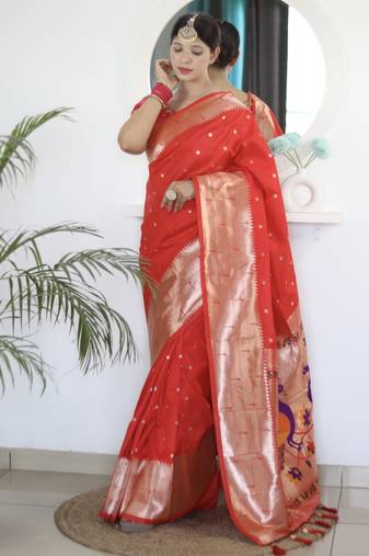 red paithani silk blend zari motifs saree with contrast blouse