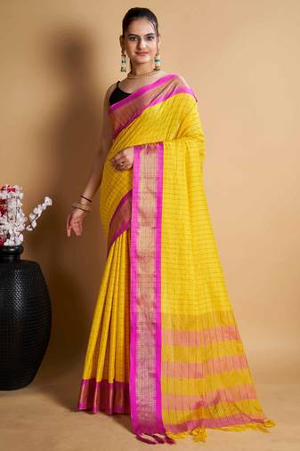 yellow silk blend saree with striking pallu & blouse