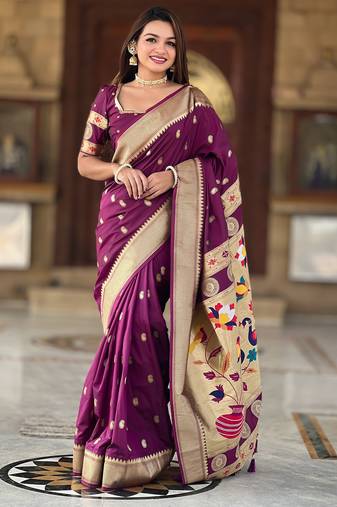 wine paithani silk blend zari motifs saree with contrast blouse