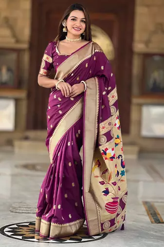 wine paithani silk blend zari motifs saree with contrast blouse