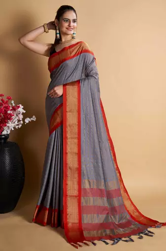 grey silk blend saree with striking pallu & blouse